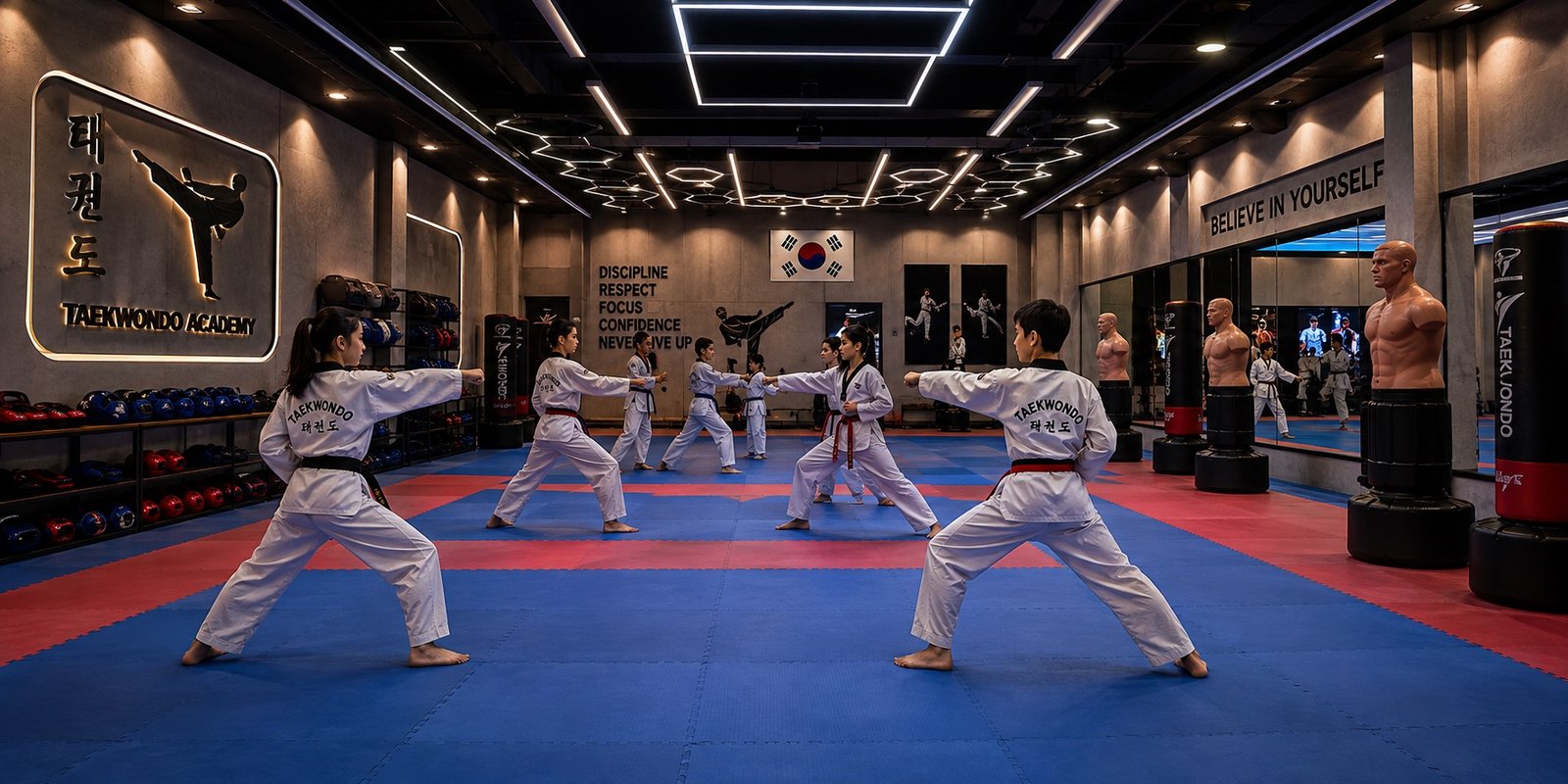 Students in white dobok training in line on the red and blue mats at a Lucknow Taekwondo Academy dojang